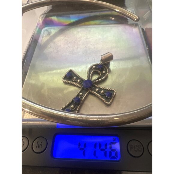Taxco MX Silver Ankh Necklace Lapis Lazuli Cross Pendant Collar Egyptian 925 - Picture 15 of 16
